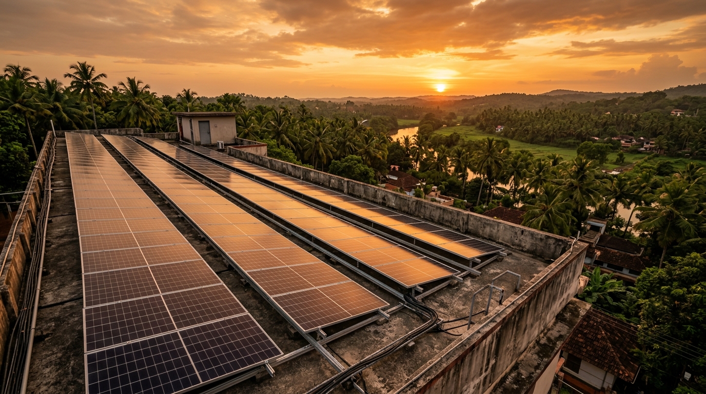 Kerala rooftop solar plant at golden hour sunset